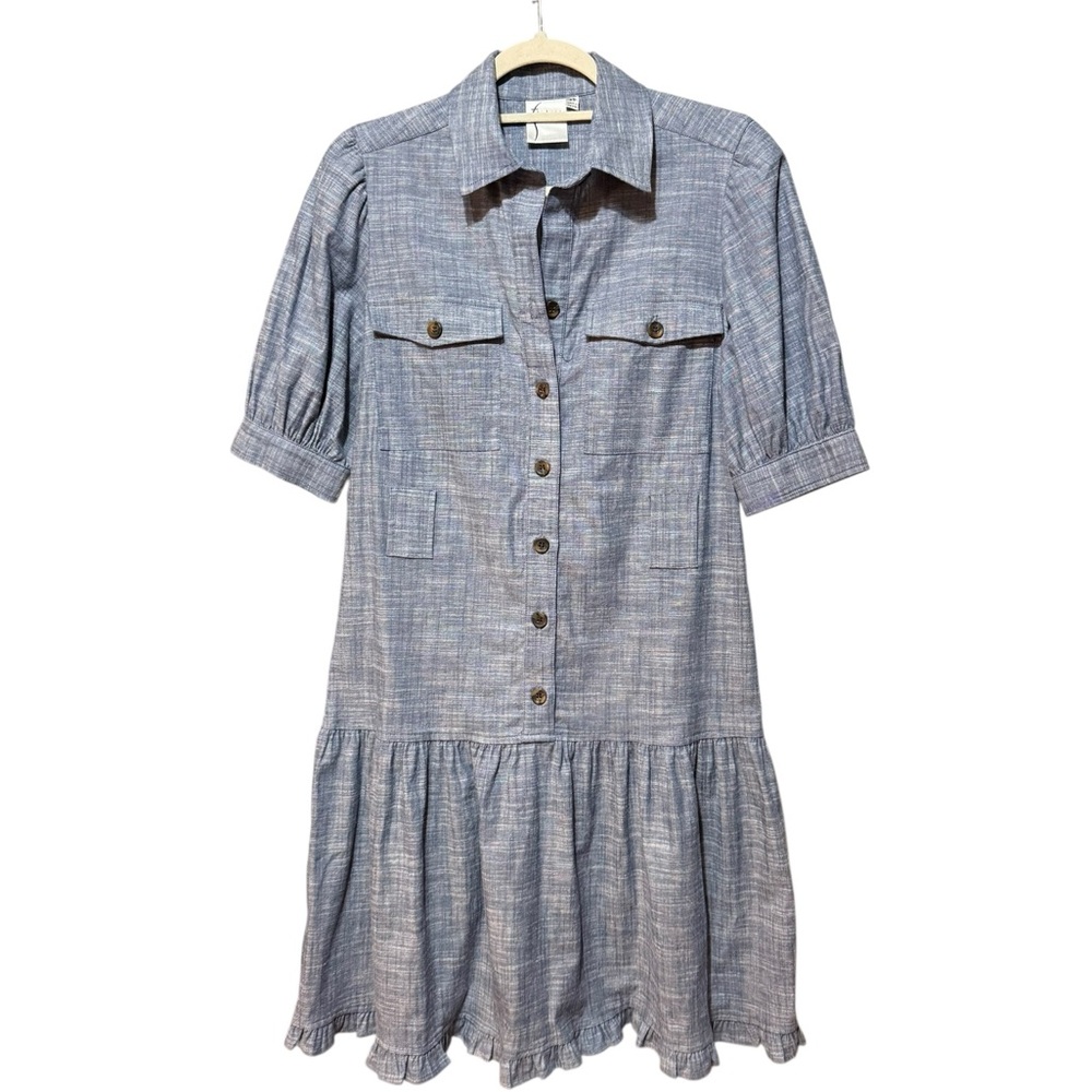 Finley Blue Button-Down Chambray Cotton Midi Dress Drop Waist Sz XS
